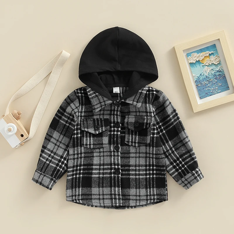 FOCUSNORM 1-6Y Fashion Kids Boys Autumn Jacket Outwear Hooded Single-Breasted Plaid Printed Long Sleeve Shirts