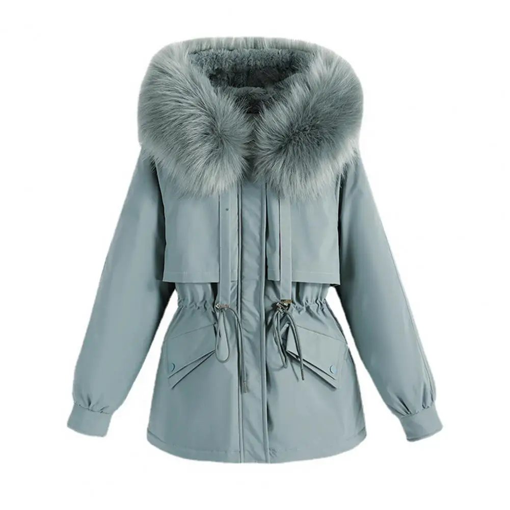 

Стильная зимняя ветровка с кулиской на талии, ветрозащитная теплая зимняя куртка средней длины с капюшоном из искусственного меха на флисовой подкладке
