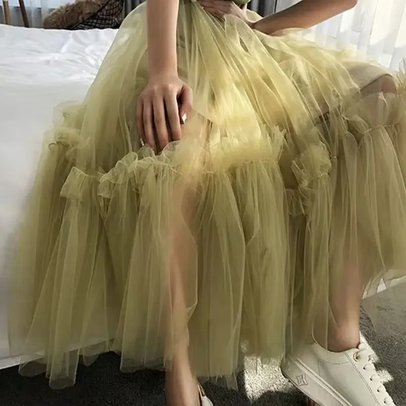 Autumn Winter Vintage Tulle Skirt Women Elastic High Waist Mesh Skirts Fashion Sweet Long Pleated Tutu Skirt Female Jupe Longue 1 pair transparent wedding dress gloves fashion autumn summer women short tulle stretchy korean style mesh gloves full finger