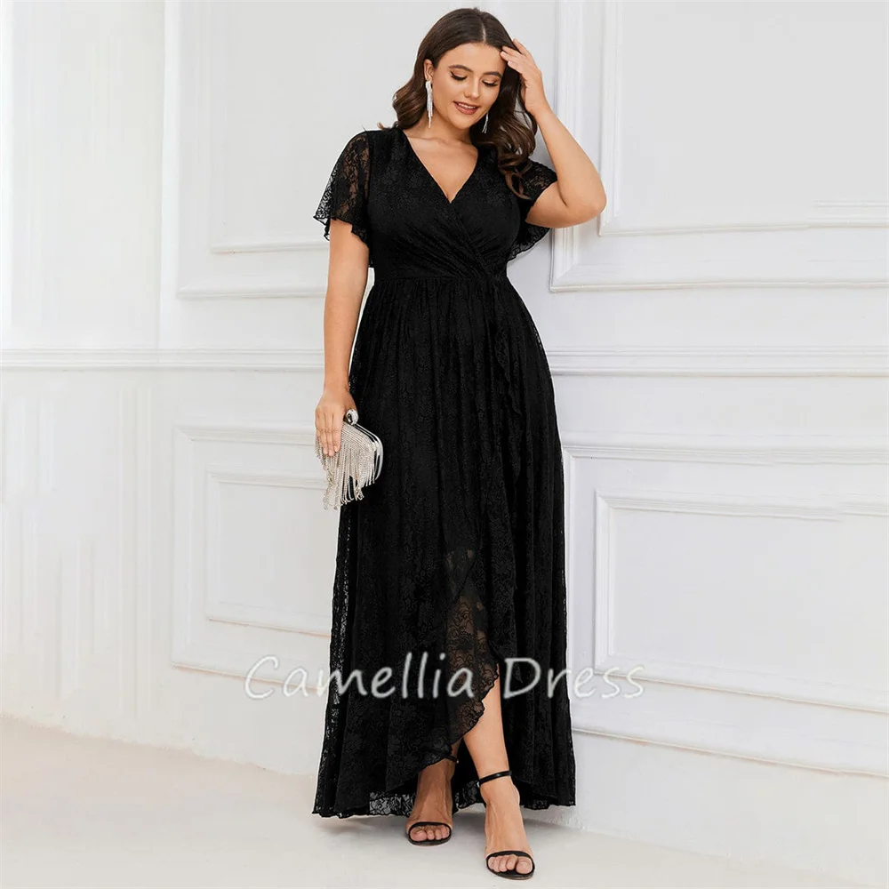 

Elegant A Line Evening Dresses Ruffled V Neck Prom Dresses Short Sleeve Lace Formal Dresses Vestidos De Fiesta فساتين السهرة