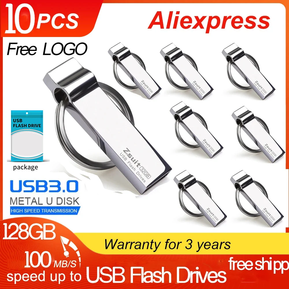10PCS/Lot USB Flash Drive 2.0 4G Waterproof Pendrive 3.0 64g Metal Memory Stick High Speed 128G Flash Pen Drive Free Logo U Disk