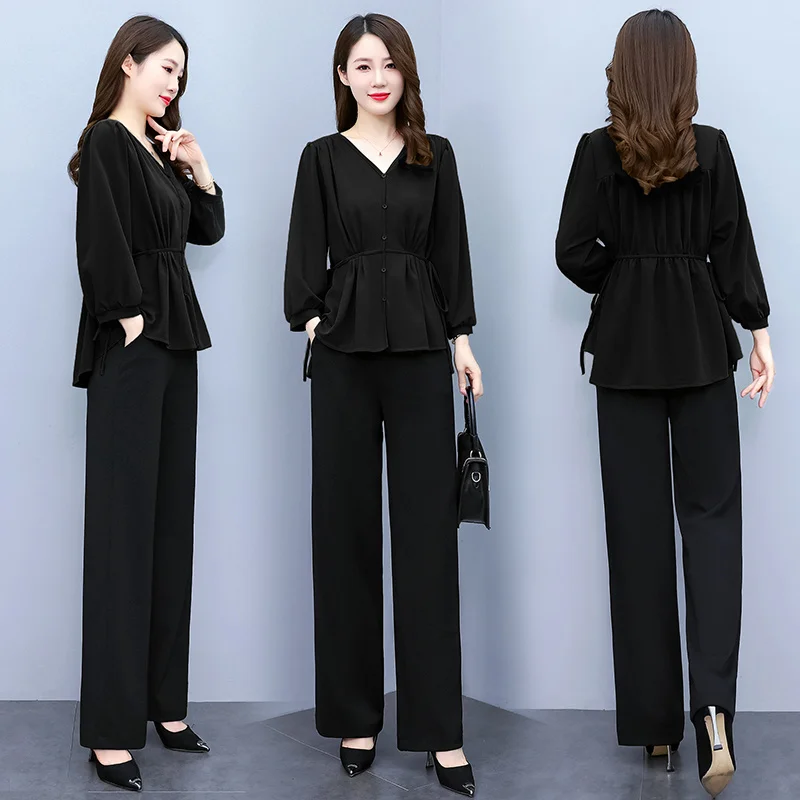 2023 Spring Clothes New Temperament Casual Foreign Style Waist Closed Professional Shirt Two-piece Women's Wide Leg Pants Suit X