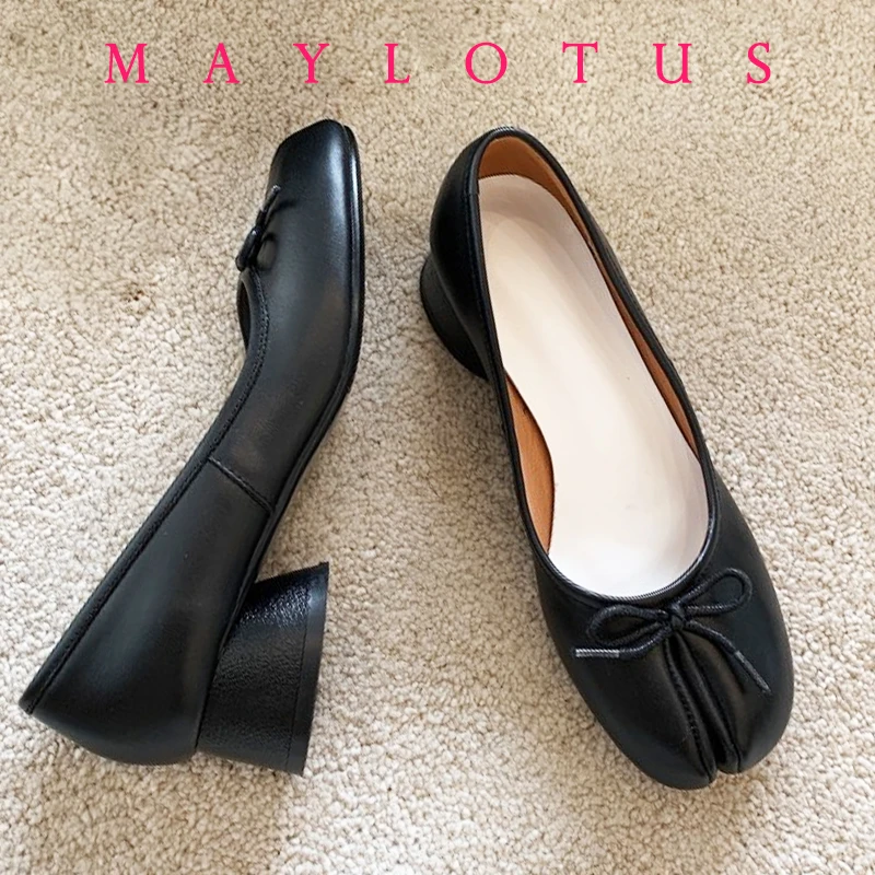 Split Toe 3cm Heel Tabi Shoes Slip On Leather Comfy Shoes Soft Bottom solid Ladies Moccasins With Bowknot women shoes,split toe shoes