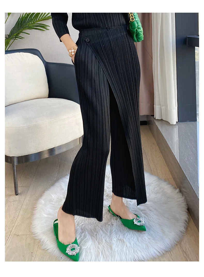 Pleated Harem Pants For Women Irregular Wide Leg Pants Elastic High Waist Loose Style Female Elegant Trousers 2024 Spring Pants