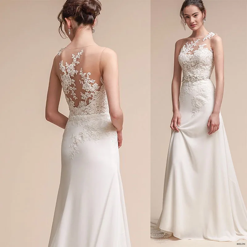 

Fantastic Jewel Neckline Sheath/Column Wedding Dress With Lace Appliques Beading Sash Long Bridal Growm