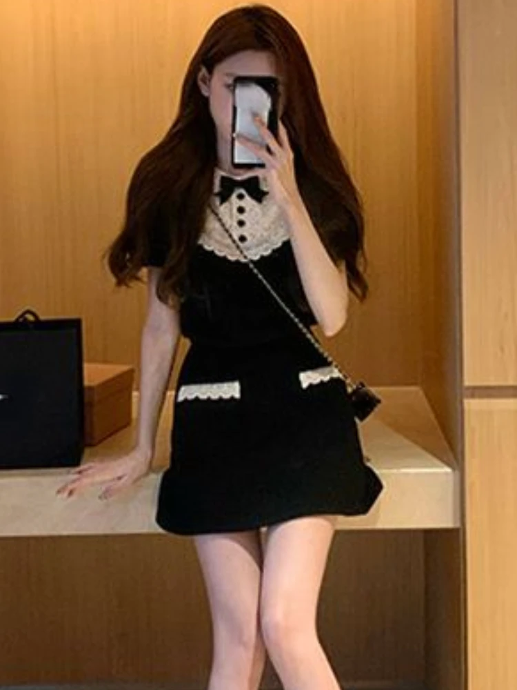 Summer Kawaii Sweet Two Piece Set Women Bow French Vintage Mini Skirt Set Female Lace Retro Korean Fashion Skirt Suit 2023 New