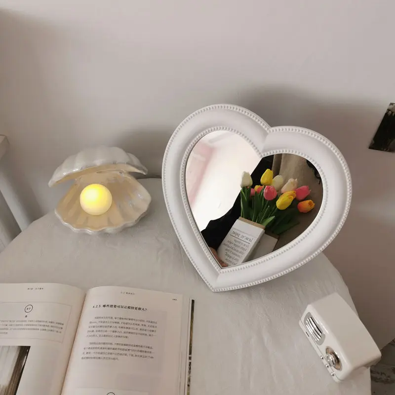 Ins Korean Love Heart Cosmetic Mirror Wall Hanging Dormitory Dressing Pink White Mirror Living Room Decorative Mirrors For Girls cosmetic mirrors