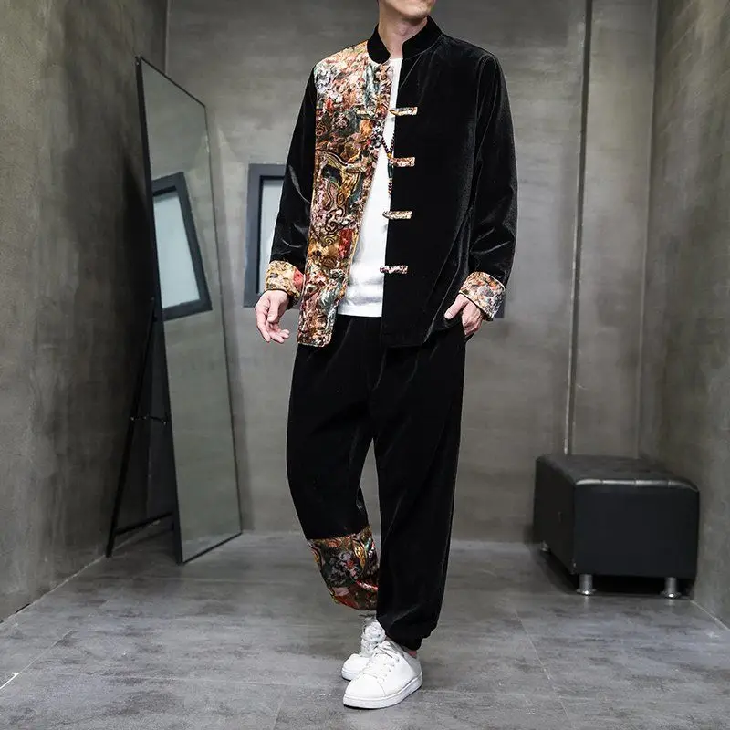 

Chinese Style men's Gold Velvet Set Men's Autumn Winter Chinese Fashion Jacket Ancient Style Tangsuit men's two-piece Set