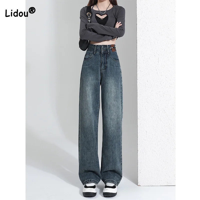 Hong Kong Style Retro Wide Leg Jeans Womens Spring Washed Double Breasted Patchwork Pockets High Waisted Zipper Denim Pants