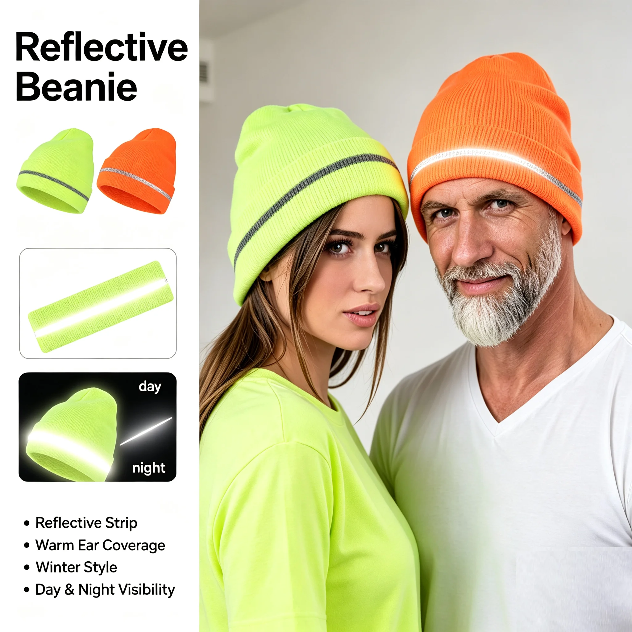 Reflektierende Strickmütze, Sicherheitsmütze für Erwachsene, hohe Sichtbarkeit, Neon-Winter-Strickmütze mit Herren und Damen für Nachtlaufsport