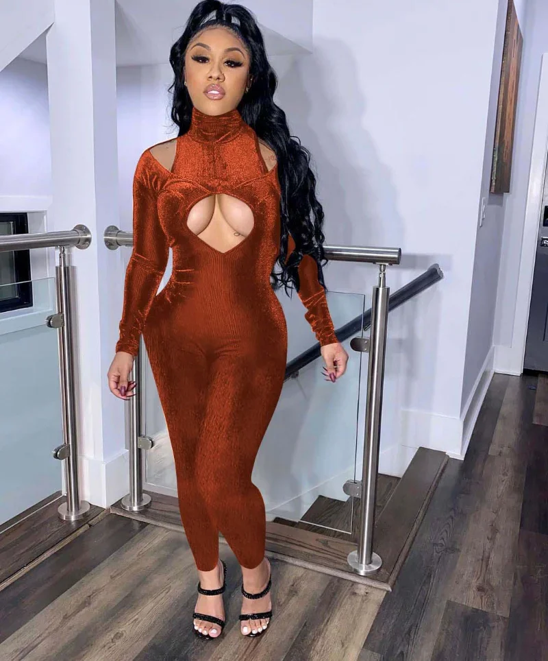 

WUHE Sexy Party Velvet Jumpsuit Women Turtleneck Hollow Out Long Sleeve Bodycon Rompers Clubwear One Piece Overalls Female