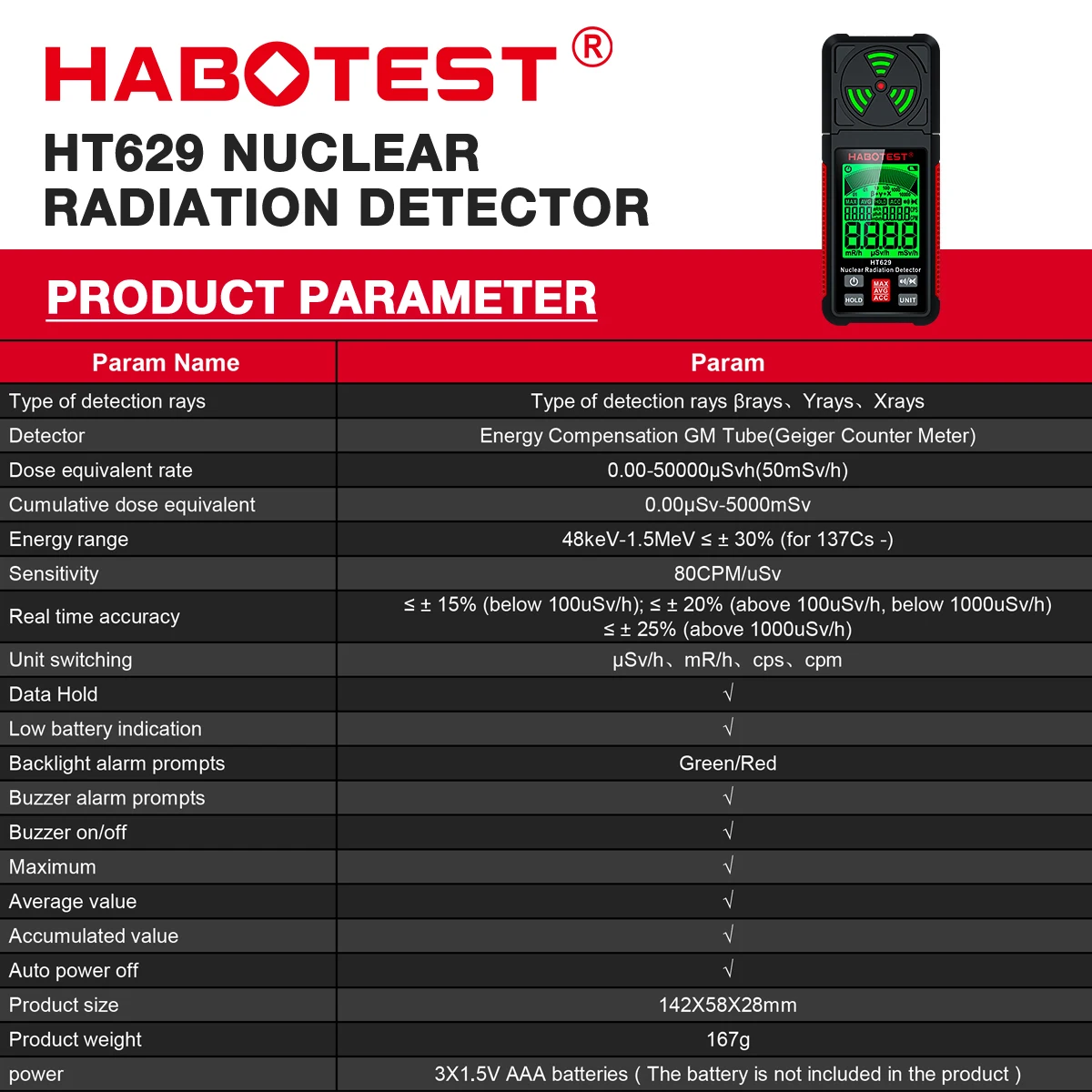 HT629 Geiger Counter Nuclear Radiation Detector Personal Dosimeter X-ray &Gamma;-ray &Beta;-ray Radioactivity Tester Marble Detector radiation detector geiger counter