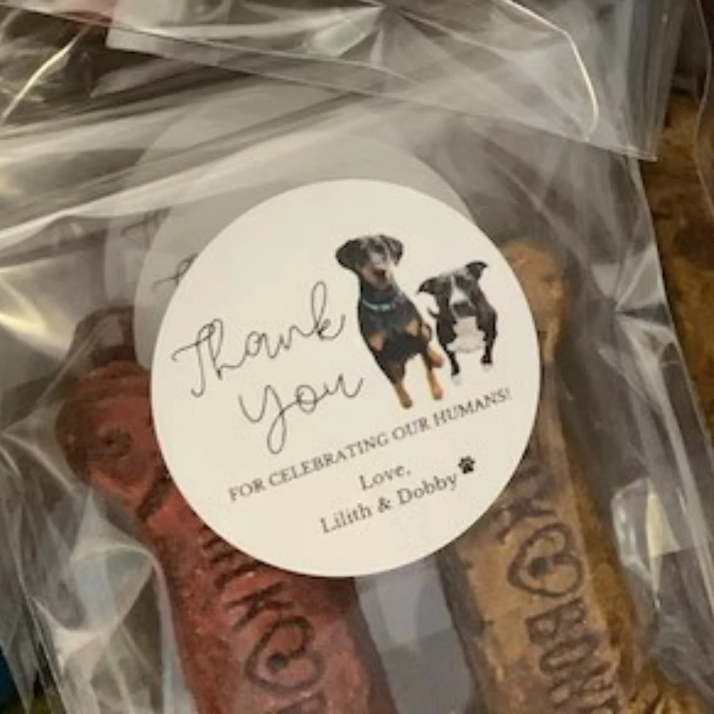 

Personalizable Picture Dog Wedding Stickers / Thank You for Celebrating my Humans / Pet Wedding Treat Bags Labels / Custom Text