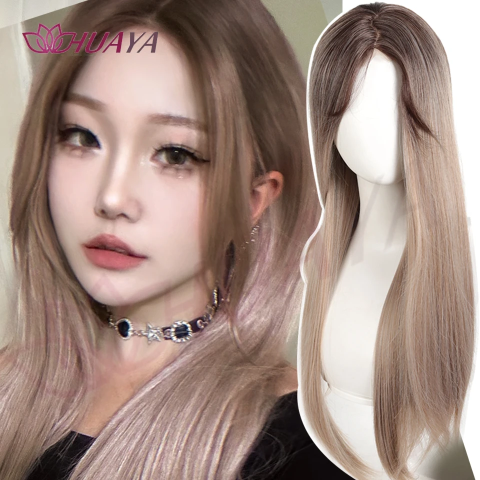 26inch Gray Brown Synthetic Wigs Middle-part Bangs front Lace Long Daily Straight Cosplay Party Wigs for Women Natural Hair