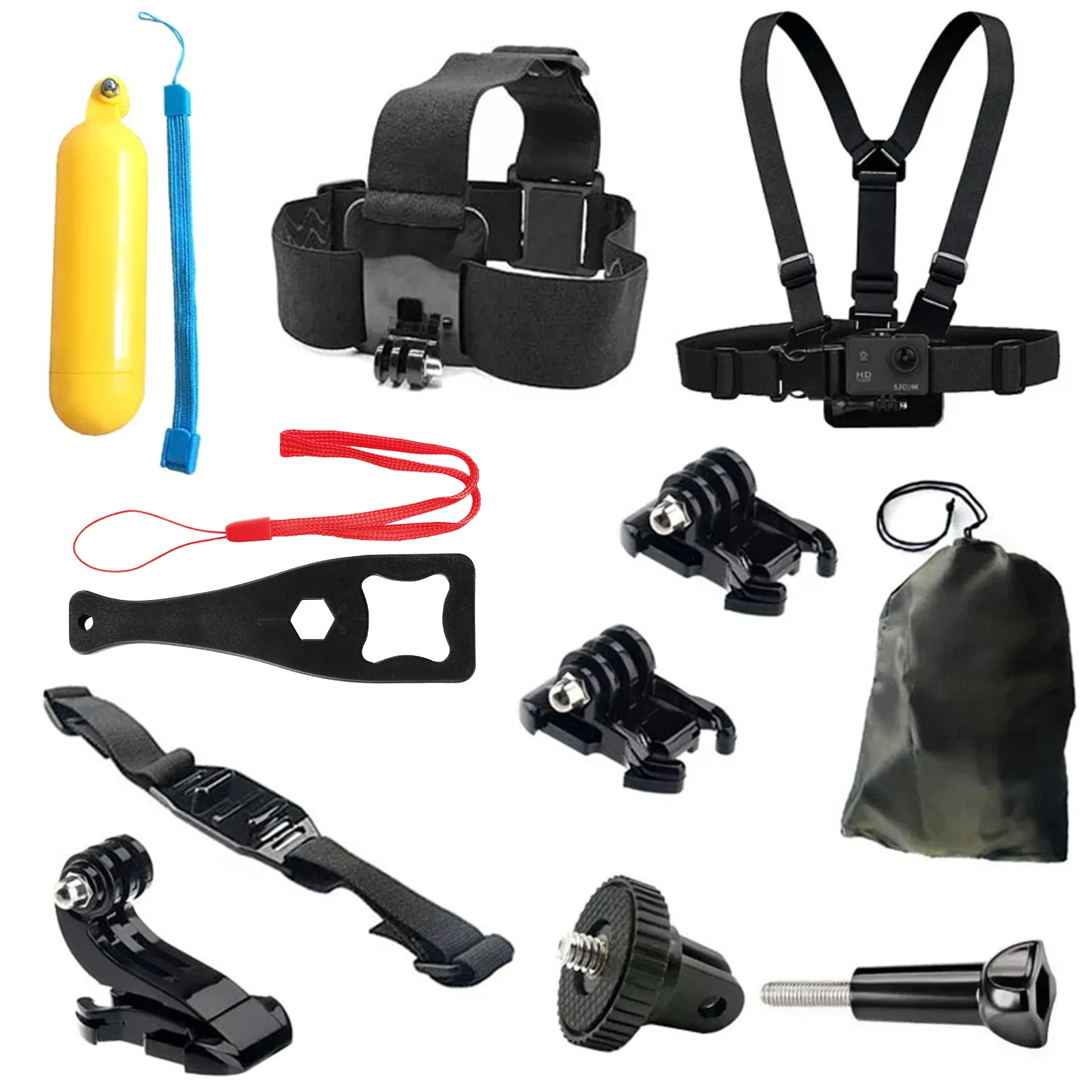 Set A du kit d'accessoires Gopro Hero 12 : sangles et supports pour fixation sur casque ou poitrine.