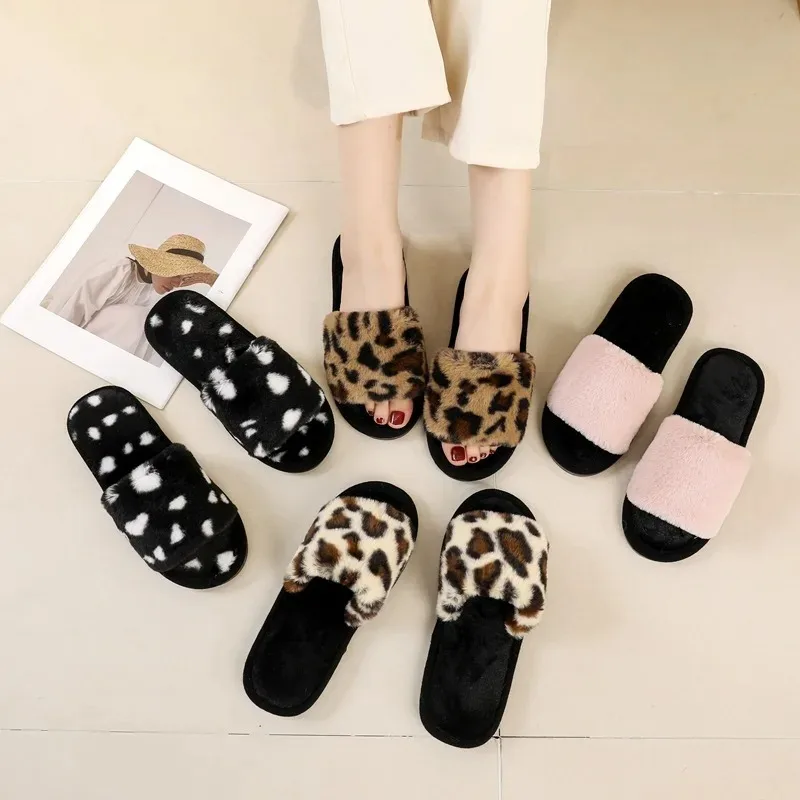 Four Seasons New Women's Home Slippers Slides Sandals Shoes Leopard  Fur Warm Plush Comfortable Lightweight Flat