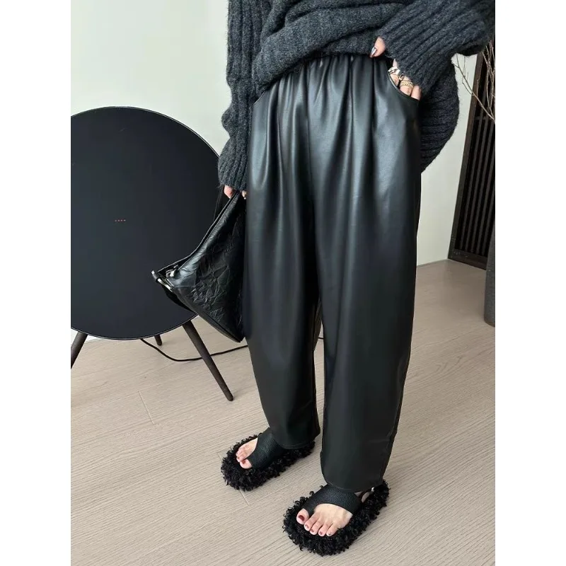 Deeptown Black Leather PU Harem Pants Women Autumn Winter Korean Fashion Loose Straight Trousers Basic Casual Vintage Streetwear