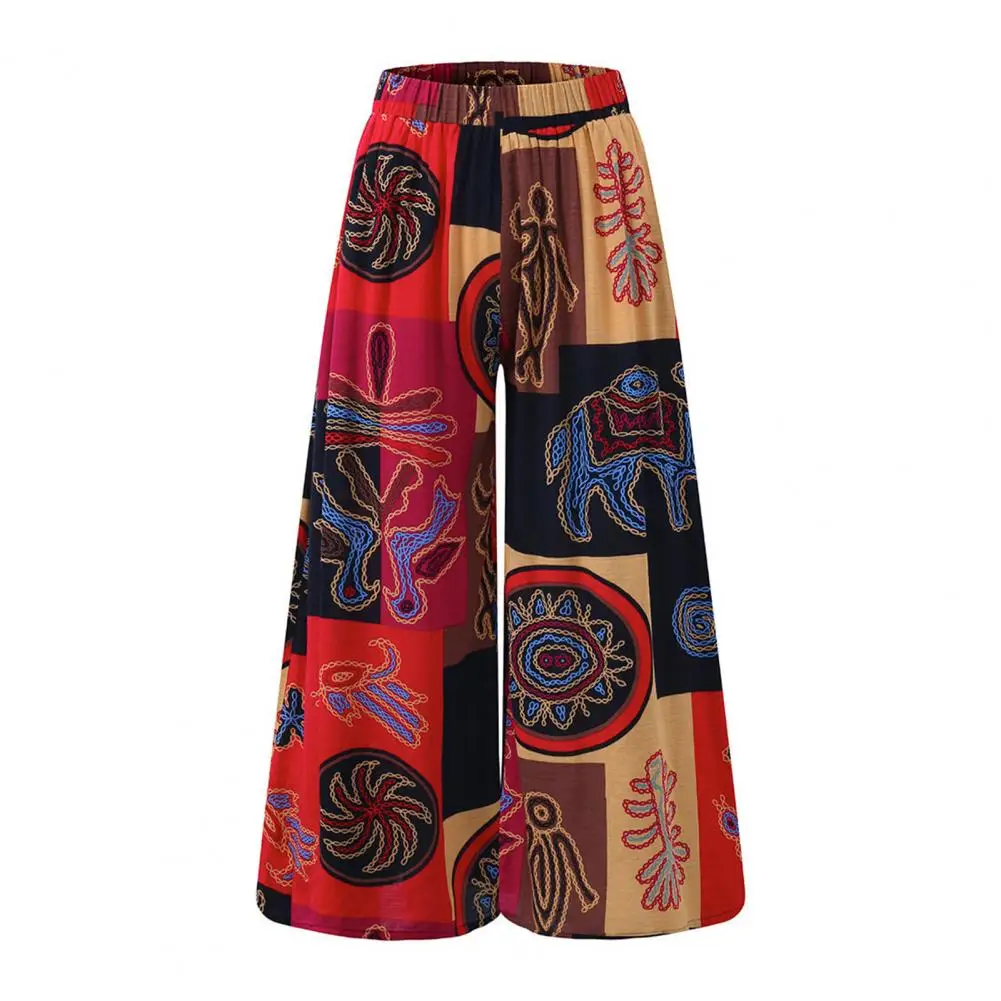 

Lady Slacks Anti-shrink Women Pants Pockets Trendy Retro Patchwork Pattern Wide Leg Pants Daily Clothing