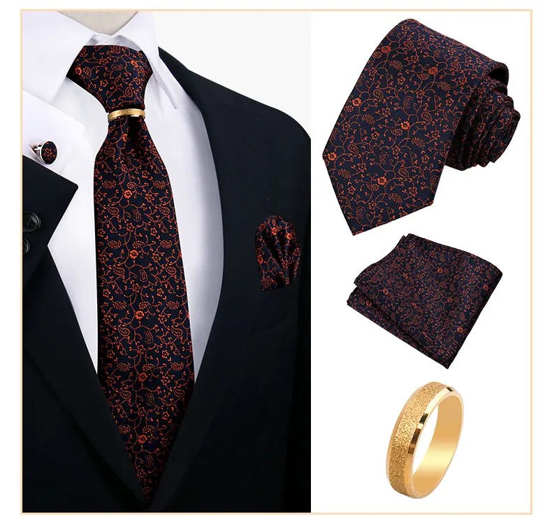 Krawattenring für Männer, luxuriöse Krawatte, Einstecktuch, Manschettenknöpfe mit goldenem Metallring, Anzug, Paisley, rote Krawatte für Hochzeit, 8 cm Herren-Accessoires – Detail 25