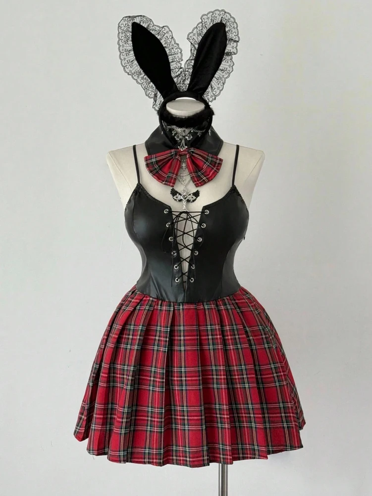 Plus Size Punk Dark Wear Cocktail Rope Tie Pu Leather Red Grid Suspenders Pleated Dress Sexy Slim