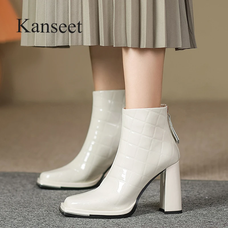 

Kanseet Women Ankle Boots Patent Genuine Leather Shoes New Short Boots Elegant Zipper 9.5cm Super High Heels Footwear Black 40
