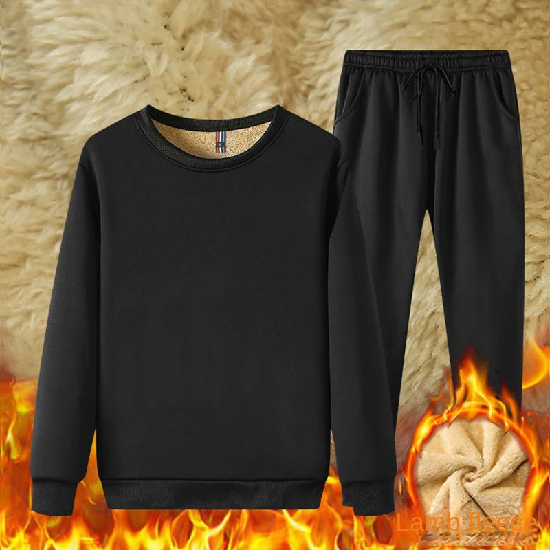Winter Plush and Thick Lamb Meat Men's Round Neck Sweater Sports Casual Set Men's Solid Color Two-Piece Set