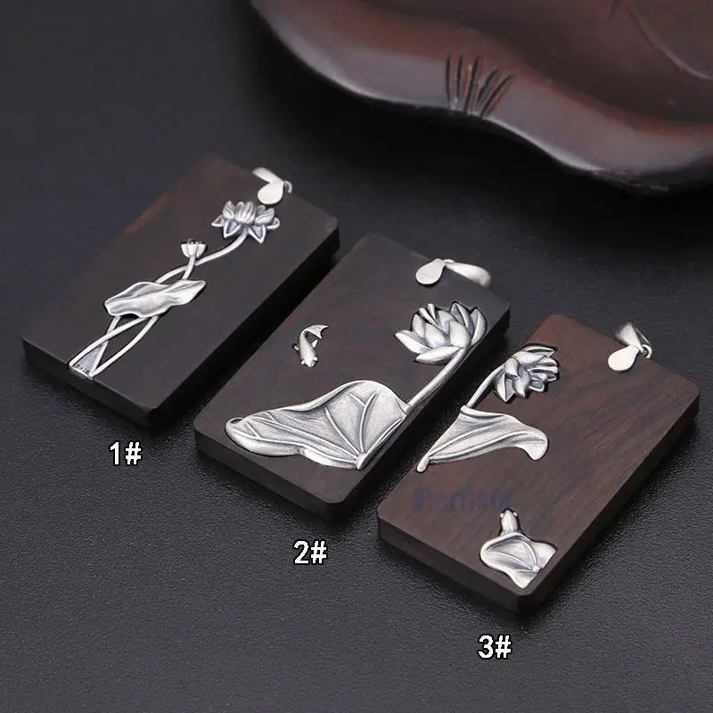 

Wholesale S925 Sterling Silver Retro Style Ebony Square Card Pendant Lotus Year Round Fish Men And Women Necklace Pendant