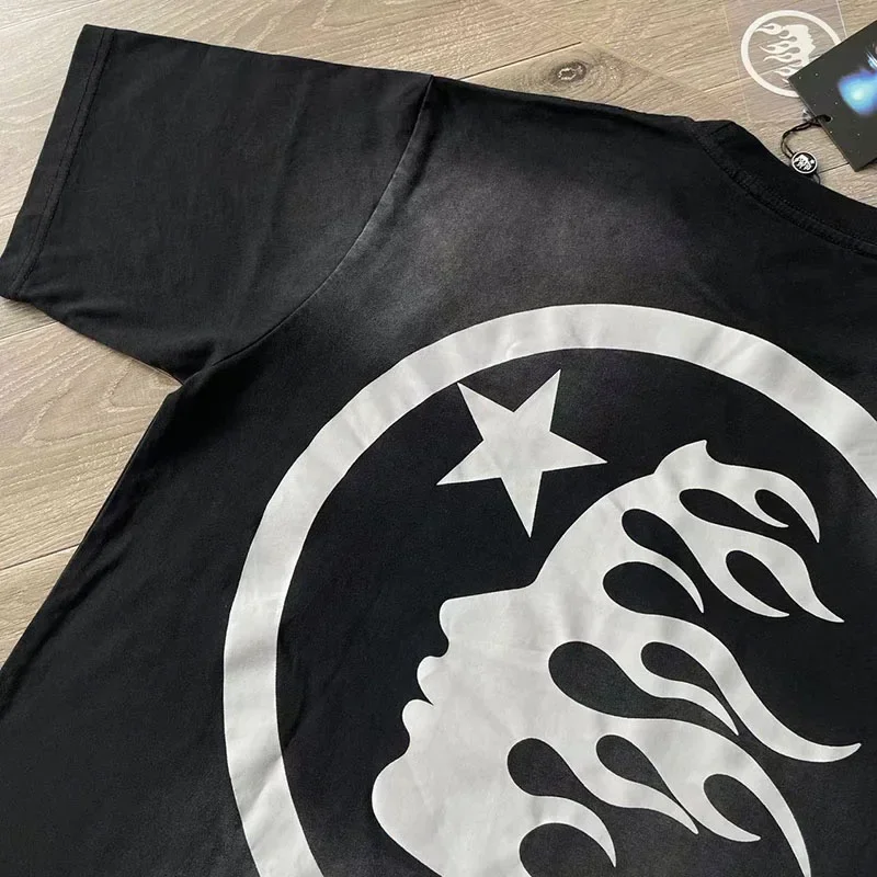 

24ss Washed Black Logo Printing T Shirts For Men Women 1:1 Best Quality Pure Cotton Hell Star Oversized T Shirt