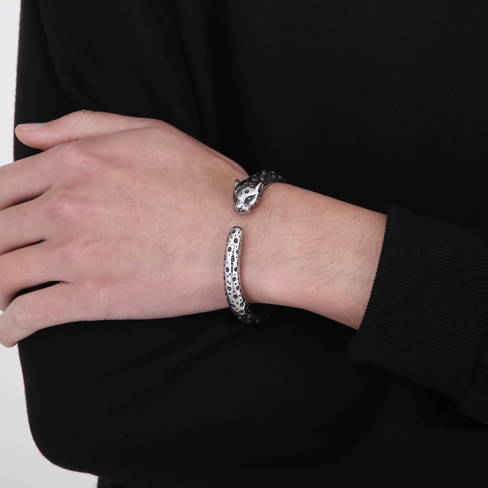 KALEN Stainless Steel Open Leopard Head Bracelet For Men Stainless Steel Men's Bangles Punk Jewelry