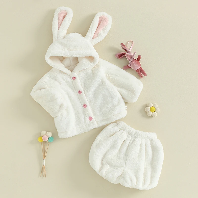 

Kids Baby Girl Shorts Outfits Toddler Plush Long Sleeve Button Coat Solid Color Shorts 2pcs Clothes Sets Fall Winter Fuzzy Suits