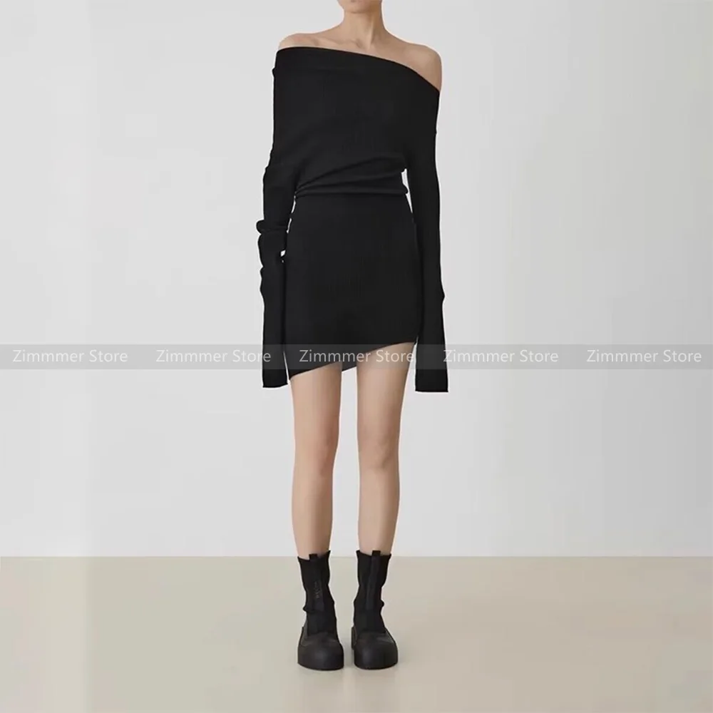 

One-shoulder knitted bottoming dress long-sleeved dress French asymmetric design lazy wind package hip skirt short dress female