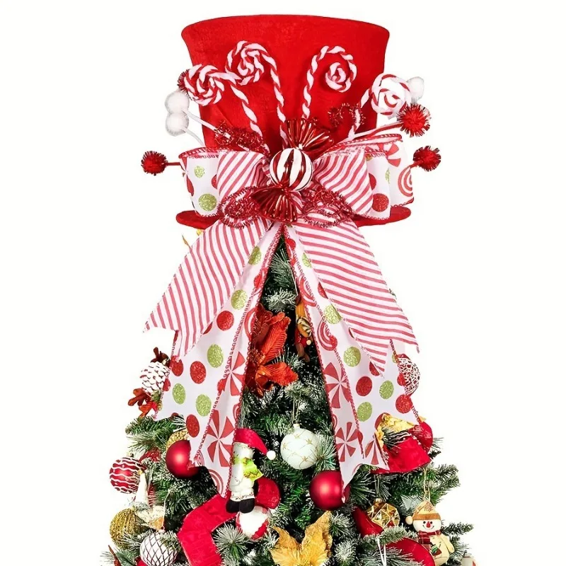 1pc Classic Christmas Tree Top Hat with Candy Bar Bow Ribbon Decoration for Christmas Tree or Table Decorating
