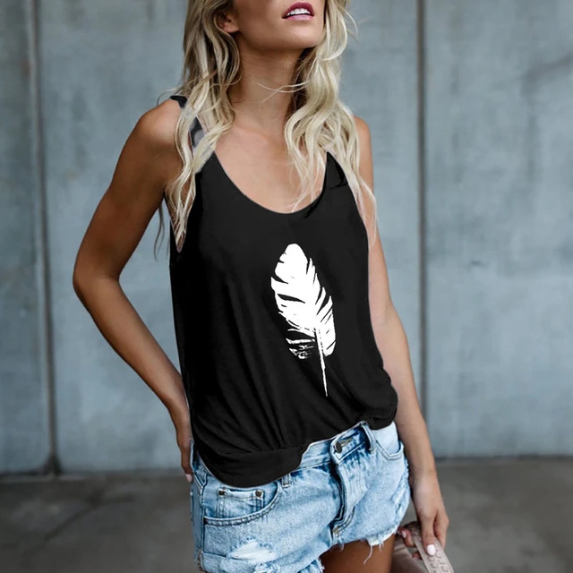 Cheap Women Feather Print Vest Sleeveless Loose Crop Tops Tank Tops Blouse  T-Shirt