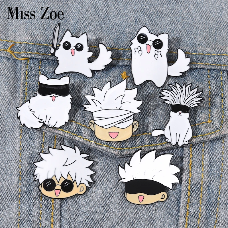 Enamel Pins Gojo Satoru and Cat Anime Brooches Lapel Badges Cartoon Funny for Kids Friends