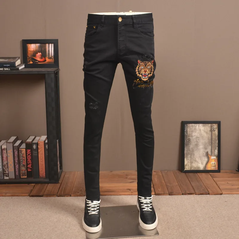 Men'S Black Ripped Patch Jeans Stretch Slim High-End Embroidered Hot Drill Street Casual Cotton Denim Pants