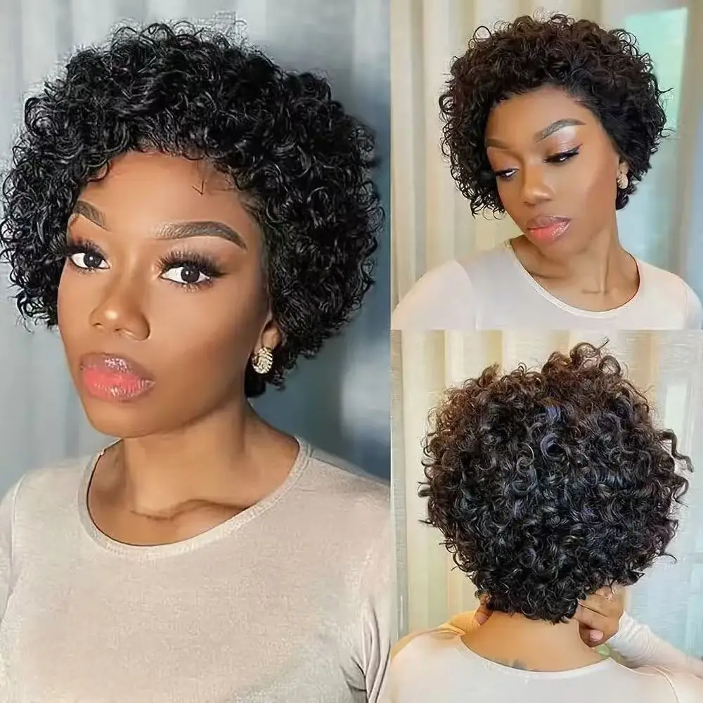 Parrucche in Capelli Umani Birmani per Donne di Colore, Parrucche Afro Ricce Pixie Bob Corte con Attaccatura Pre-Rifinita, Parrucche Bob con Onde d'Acqua e Frontale in Pizzo 13X1