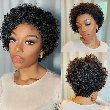 Parrucche in Capelli Umani Birmani per Donne di Colore, Parrucche Afro Ricce Pixie Bob Corte con Attaccatura Pre-Rifinita, Parrucche Bob con Onde d'Acqua e Frontale in Pizzo 13X1