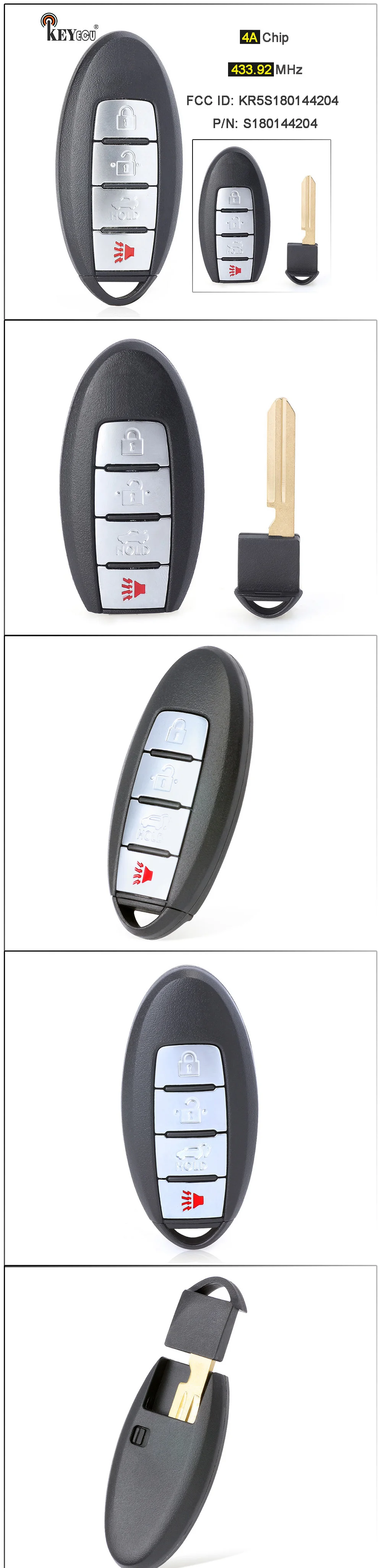 Keyforkess 433.92MHz 4A Chip S180144204 Buttons Keyless-go Smart Remote Key Fob 4 pulsanti per Infiniti Q50 Q60 2016 2017 2018 - S7a47af2b2362406aa8f37084799e5a9bQ