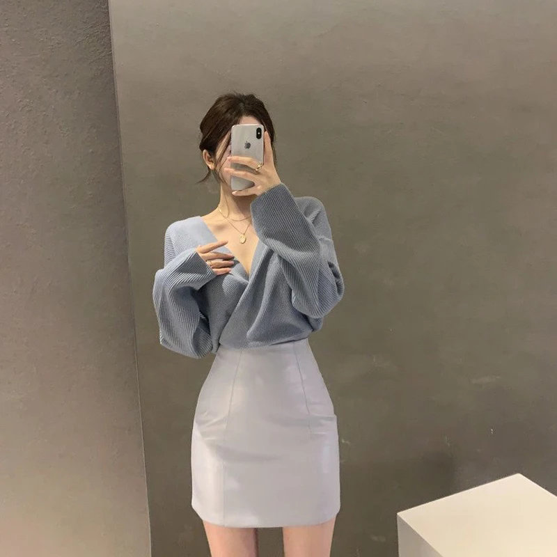 S7a47c948bbb94db8be0032405ad119edU Black Sweaters Women Korean Irregular V Neck Knitted Pullovers Office Lady Elegant Knitwear Autumn Winter Solid Jumpers Mallzona