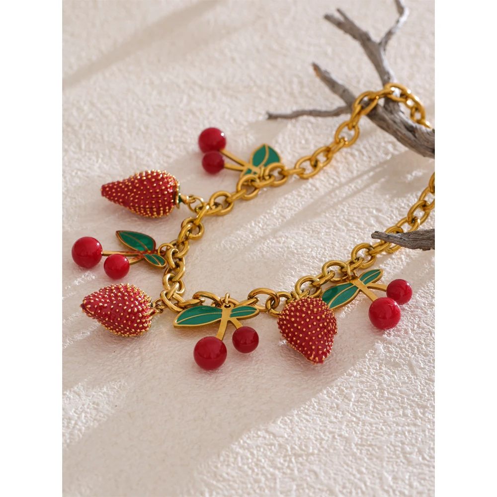 Yhpup 2025 Red Enamel Acrylic Cherry Strawberry Drop Necklace for Women