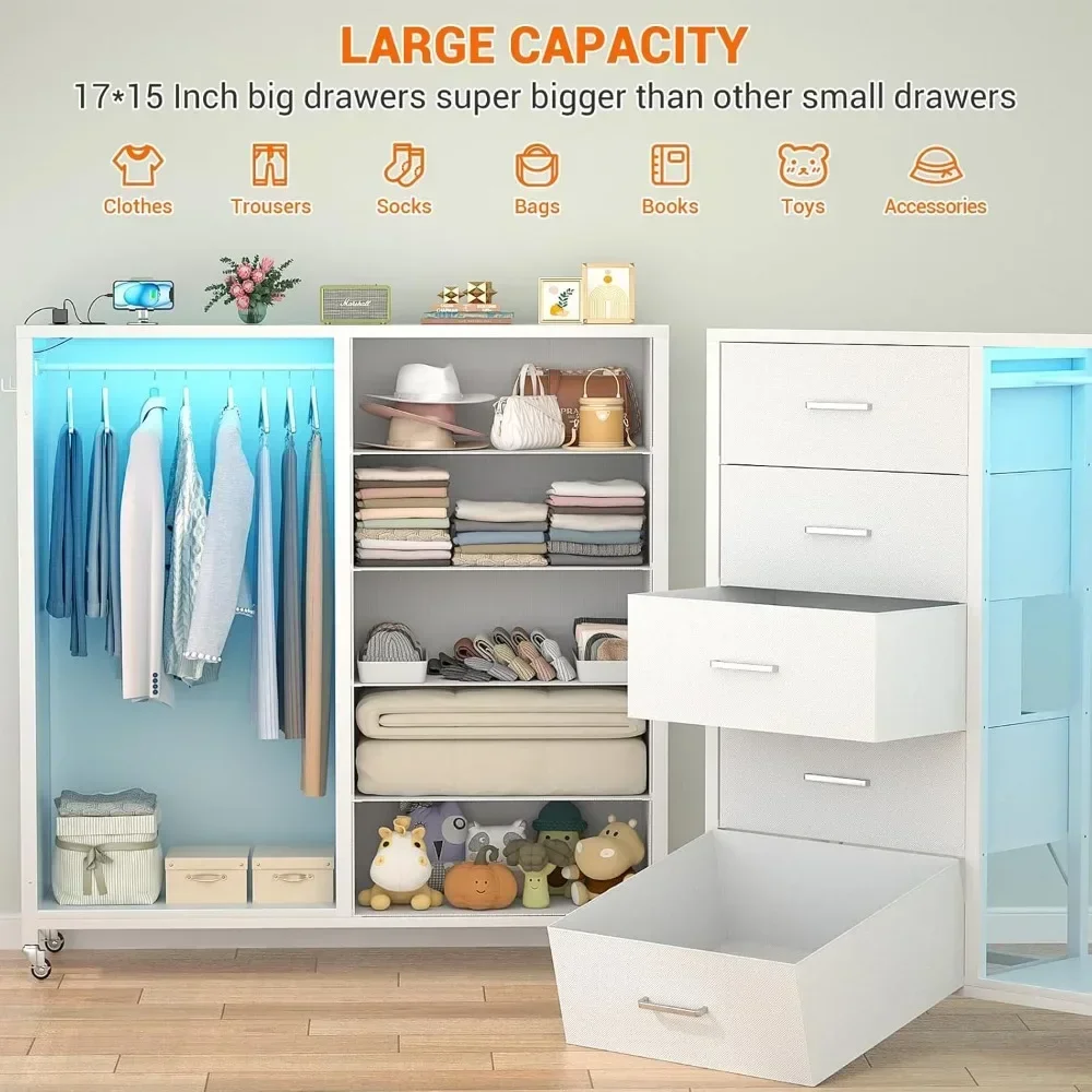 Children's wardrobe with clothes hanger and mirror, white 5-drawer wardrobe with charging station LED lights, drawers can roll