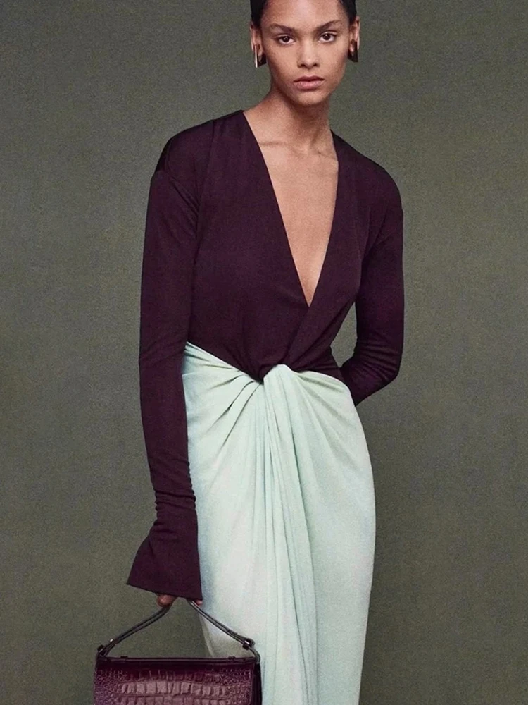 Nibber Fashion Contrast Color Patchwork Long Dress Woman Deep V-Neck Flared Sleeve Ruched Hem Street Elegant Skinny Vestidos