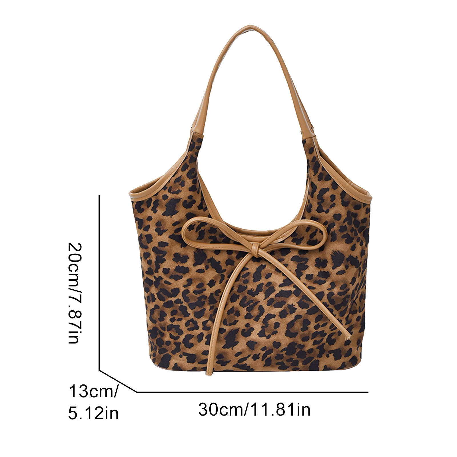 Women Leopard PU Shoulder Bag Bow Handbag Underarm Bag Large Capacity for Daily School Travel