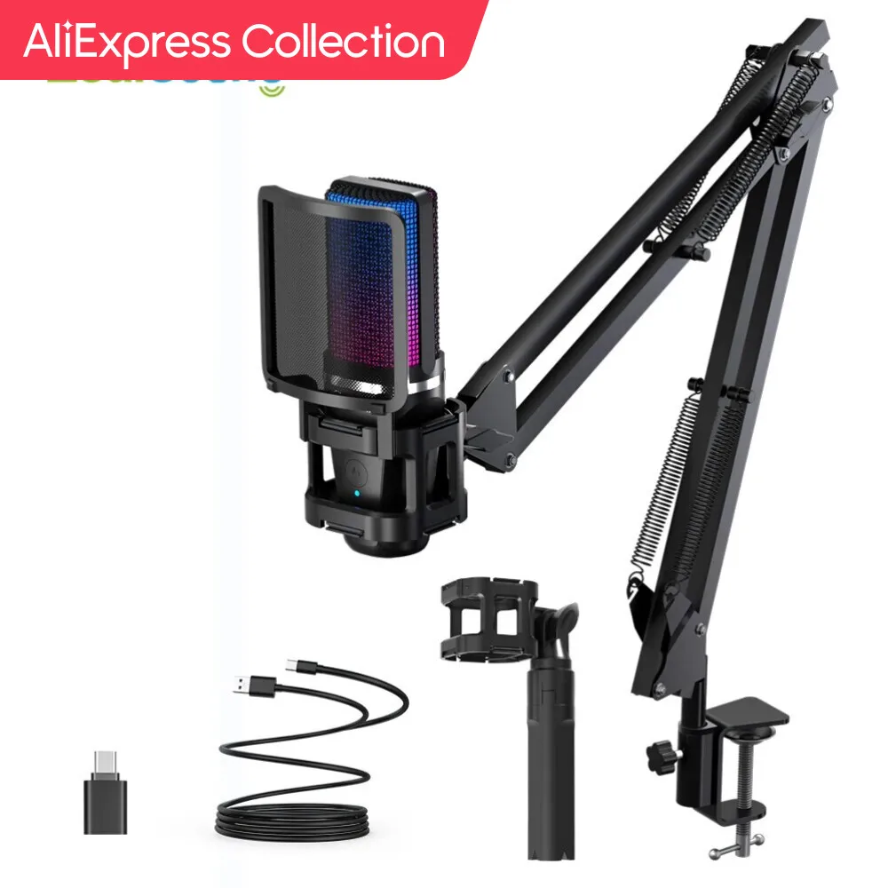AliExpress Collection Zealsound RGB 녹음 마이크, 관절 암, USB 콘덴서 마이크, 삼각대 포함, 게임 팟캐스팅, 유튜브 스트리밍용