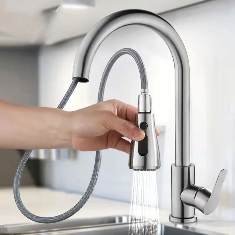 

Black Kitchen Faucet 3 Way Stainless Steel Pull-out Faucet Hot and Cold Sink Mixer Tap Kitchen Accessories 3 Modes Chrome Crane