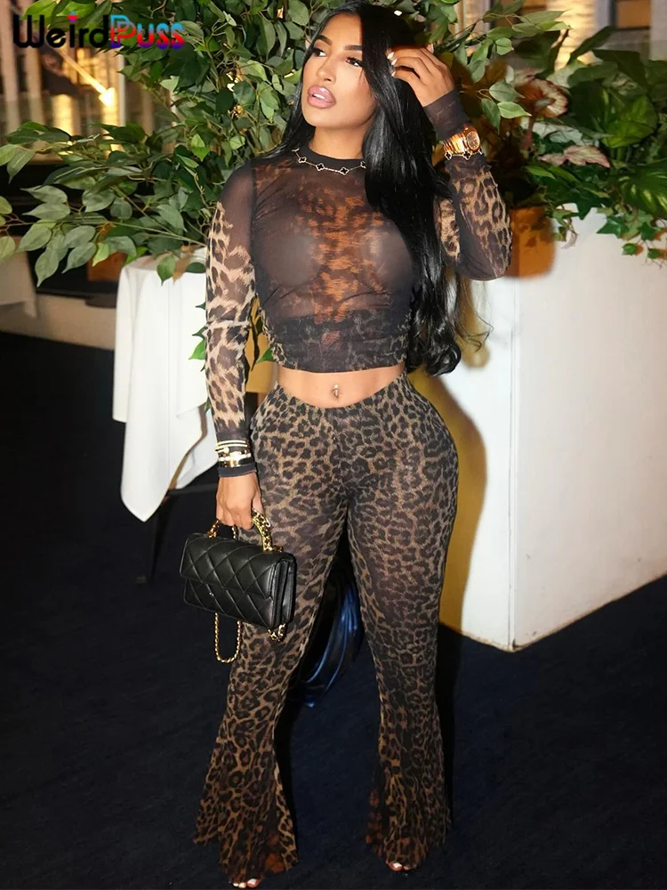Weird Puss Sexy 2 Piece Set Women See Through Midnight Party Full Sleeve Crop Tops+Pants Matching Clubwear Skinny Autumn Outfits 4