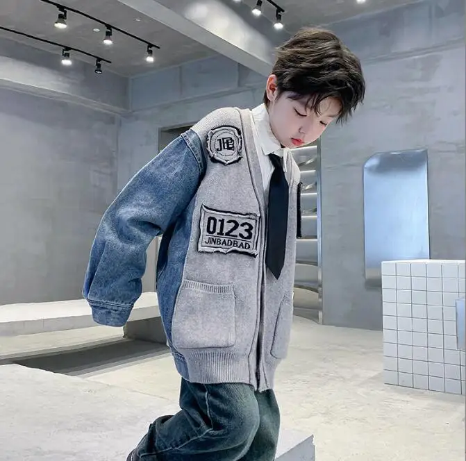 boys denim patchwork coat autumn spring cotton full sleeve high quality kids jacket 4-10t F140
