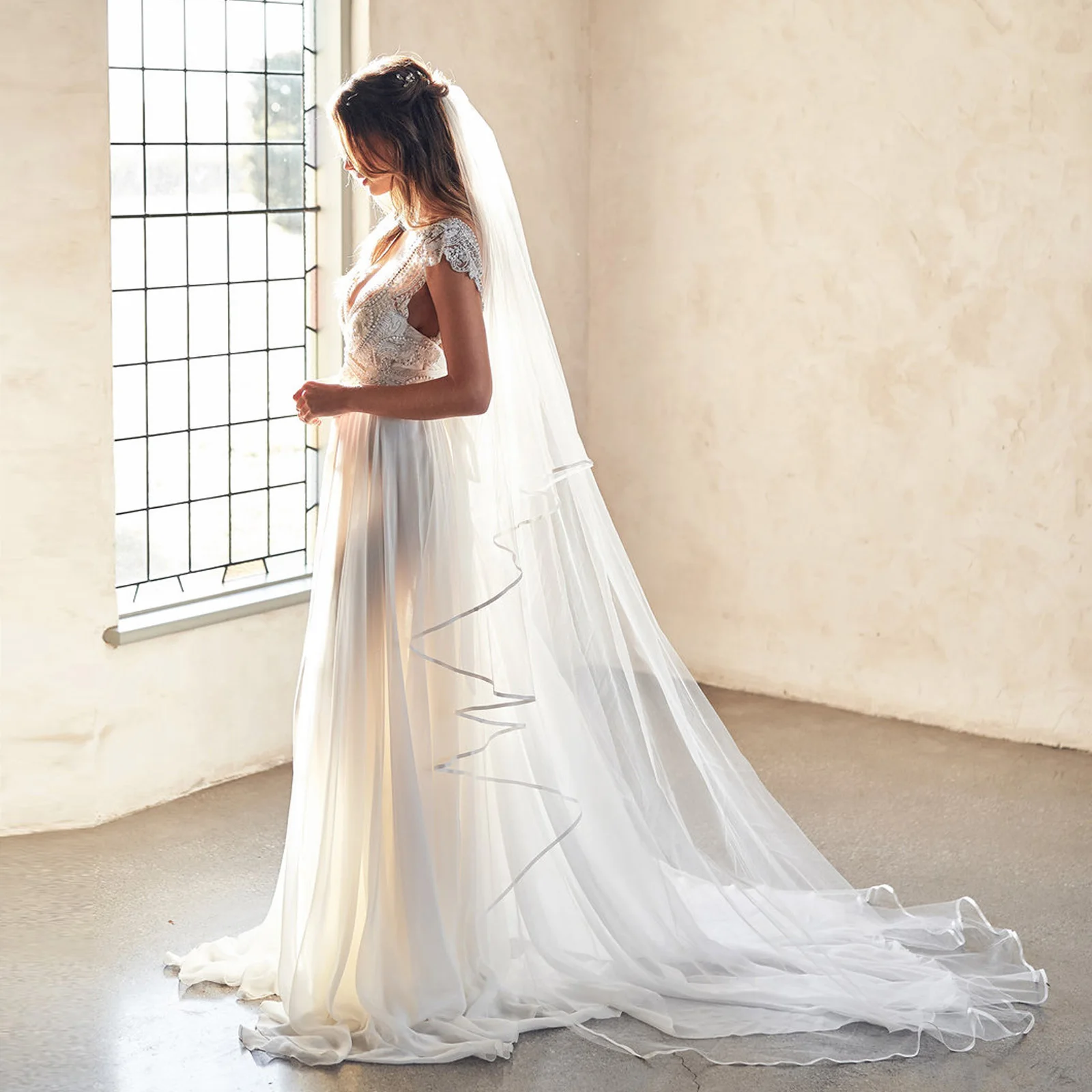Wedding Veil Ribbon Edge 2 Tier bridal veil Wedding Cathedral Length Cover Front and Back Soft Italian Tulle Veil V97