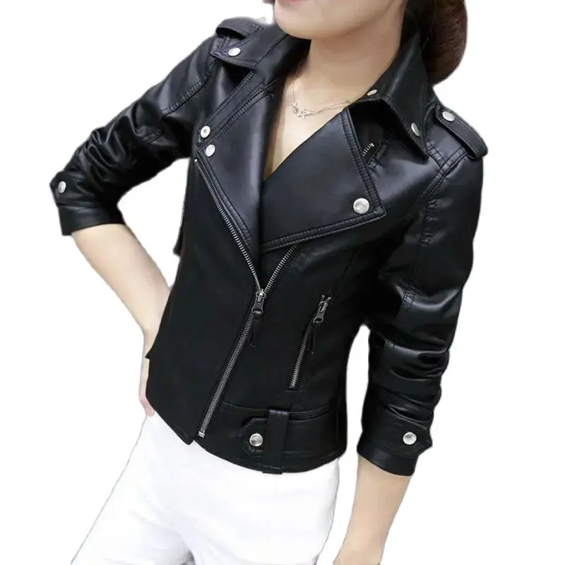 New Women's Short Leather Jacket Spring Autumn Black Motorcycle PU