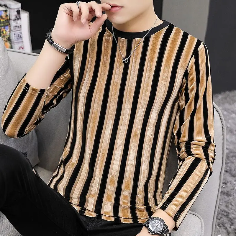 

2022 Fall New Fashion Temperament Korean Version Versatile Trend Casual Sweatshirt Striped Solid Color Slim Top Pullover Men